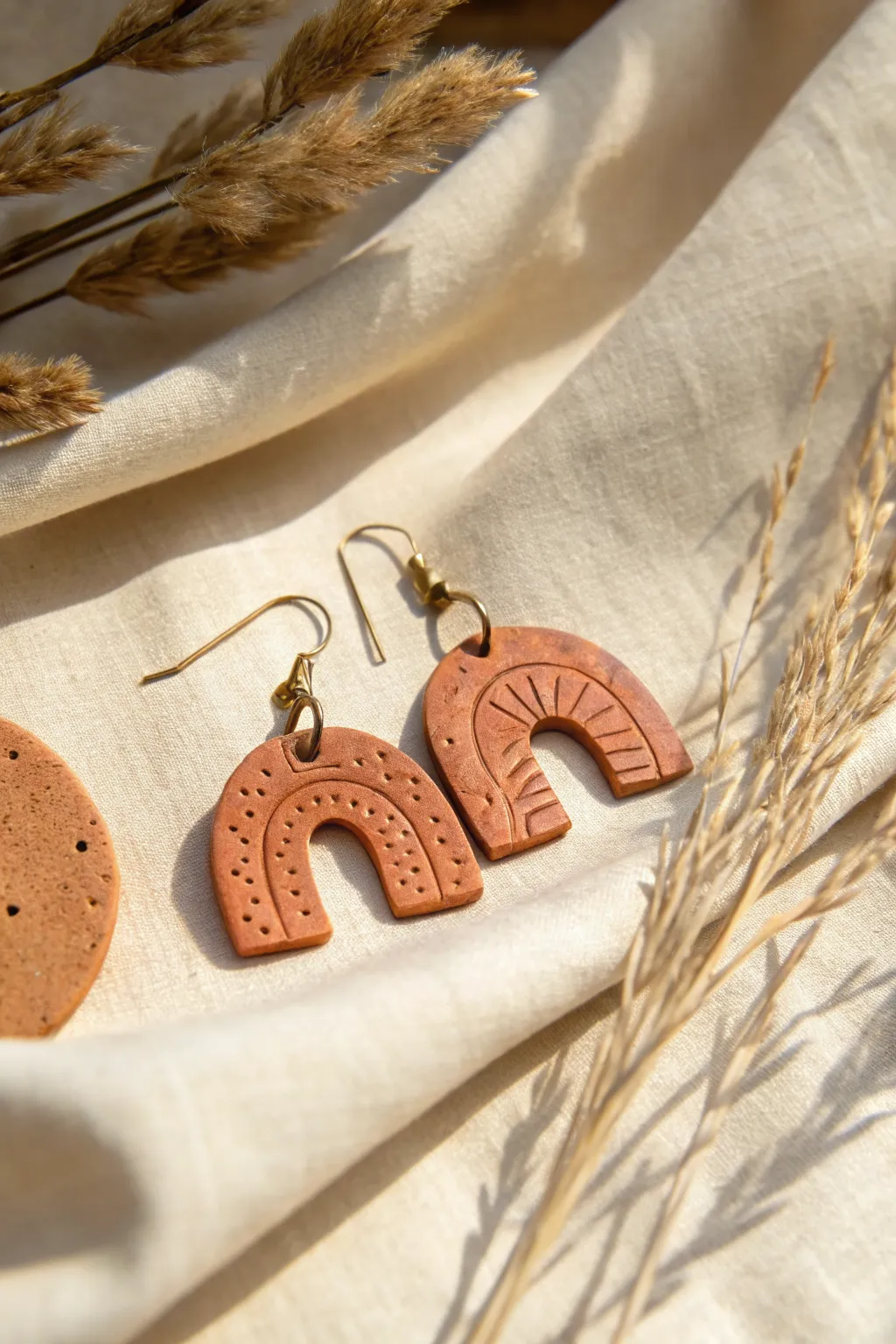 Stamped terracotta air-dry clay earrings with a minimalist boho vibe and crisp texture.
