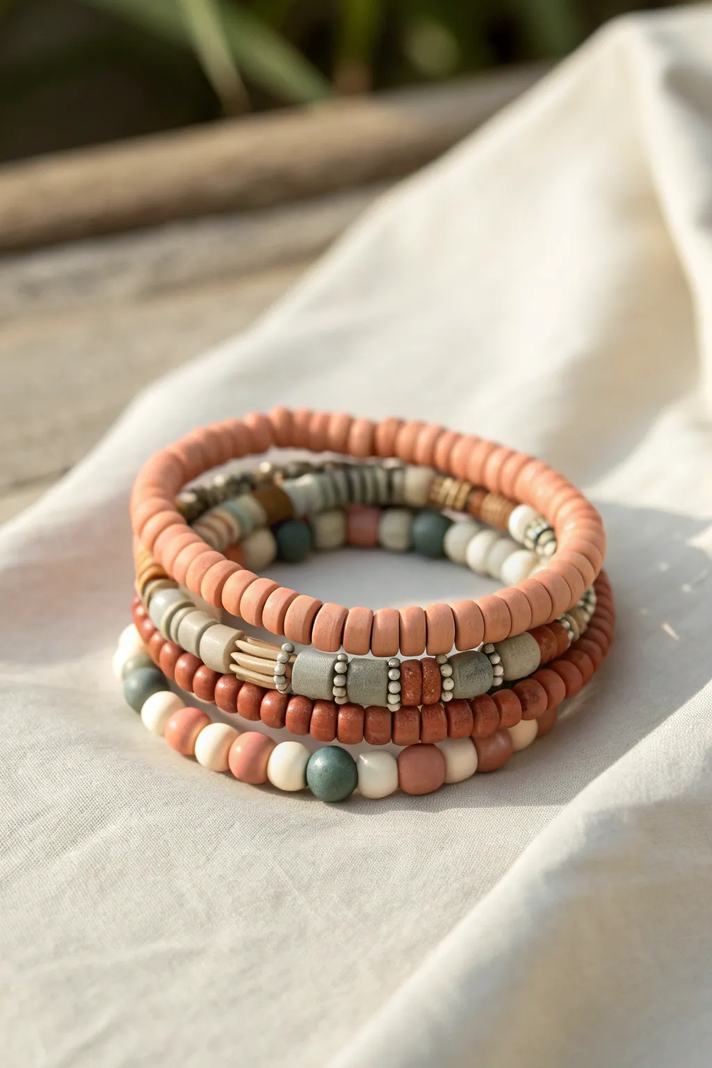 Minimal tube bead bracelet stack in matte air dry clay, soft boho tones on a neutral backdrop