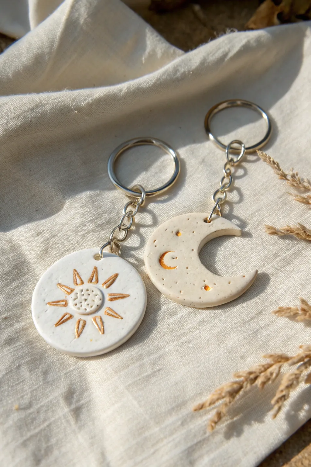 Minimal sun and moon air dry clay keychain duo with soft boho warmth and crisp contrast