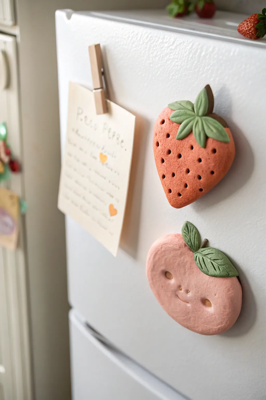 Sweet strawberry and peach blush clay magnets with tiny textures, styled minimal on a bright fridge.
