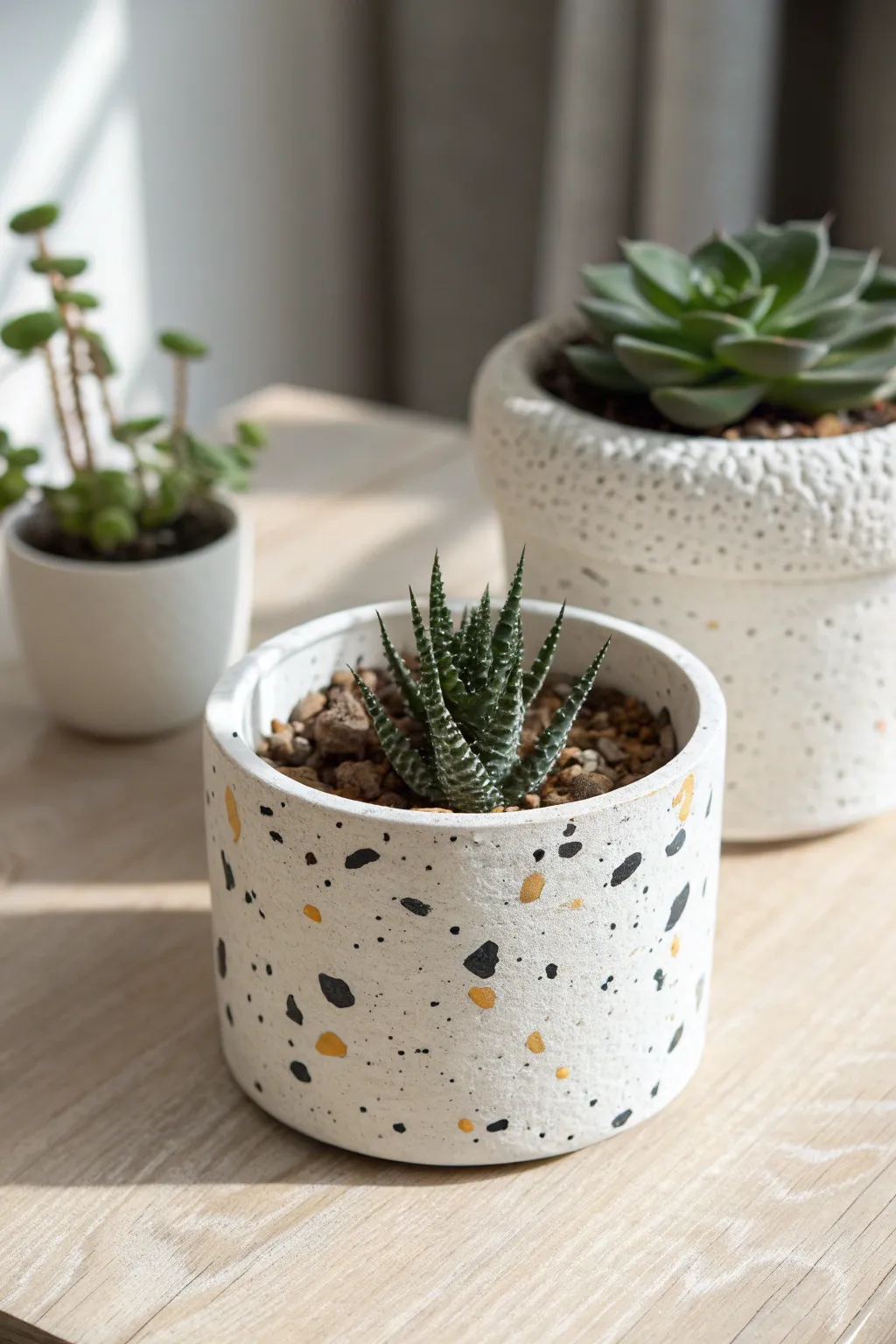 Speckled terrazzo-style air-dry clay planter with a rosette succulent, calm Scandinavian boho vibes.