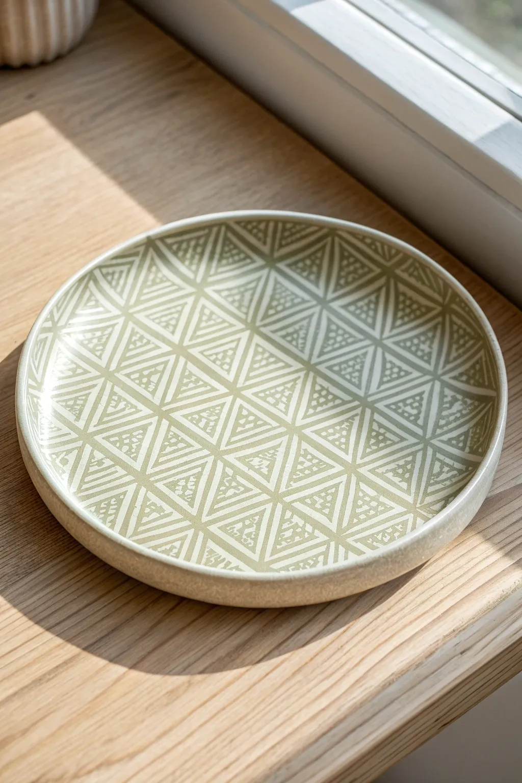 Minimalist air dry clay plate with stamped geometric texture and a soft color wash