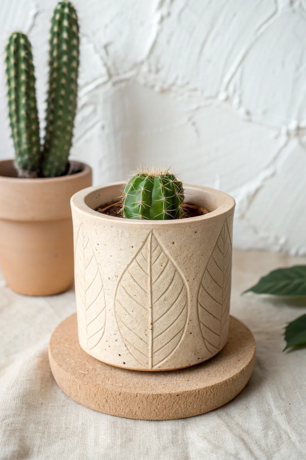 Leaf-imprint air-dry clay planter with botanical texture, styled with a tiny cactus in calm neutrals.