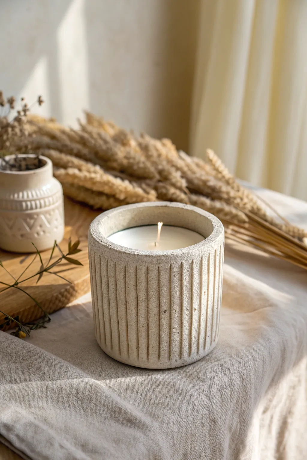 Minimal air-dry clay candle holder with carved lines for a soft, modern Scandinavian vibe.
