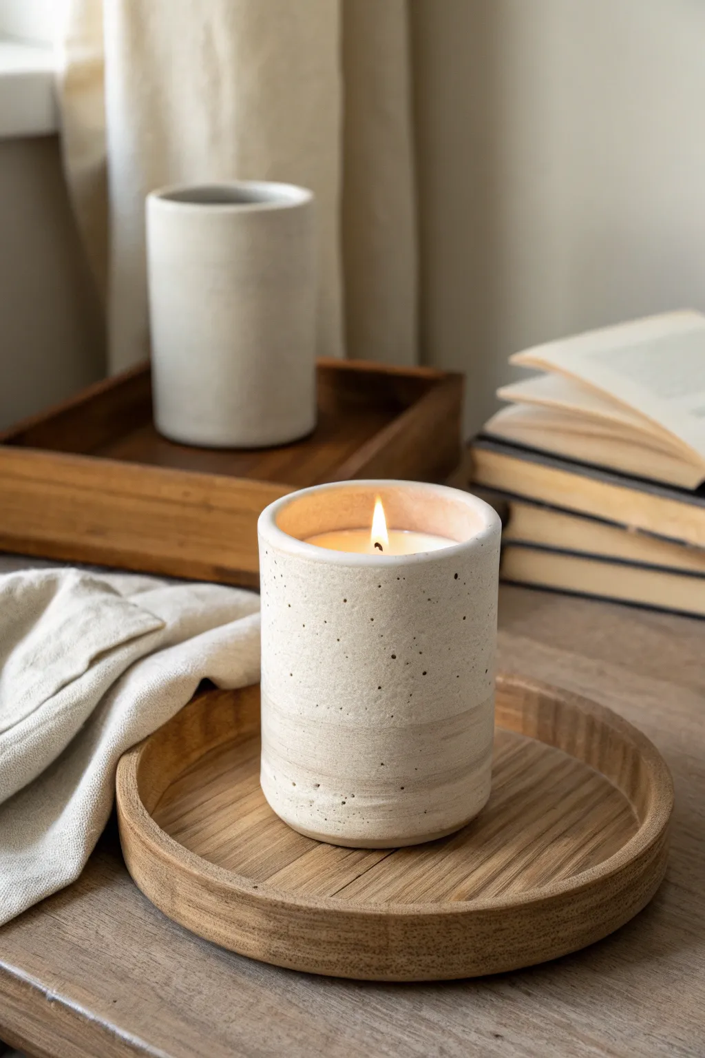 Minimal air dry clay candle holder in soft neutrals for a cozy Scandinavian boho vibe