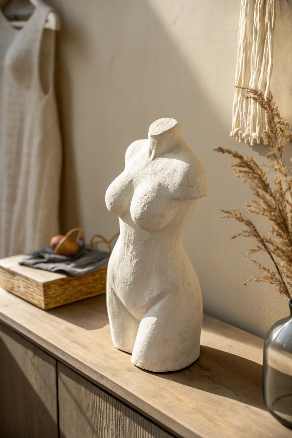 Minimal matte clay torso sculpture with soft light and shadow, perfect for modern body-positive decor.