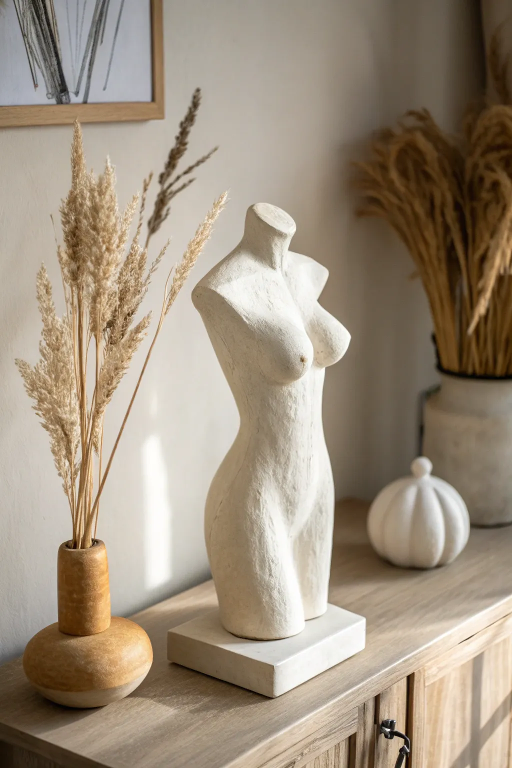 Minimal abstract air dry clay torso in soft off-white, modern decor with cozy Scandi contrast