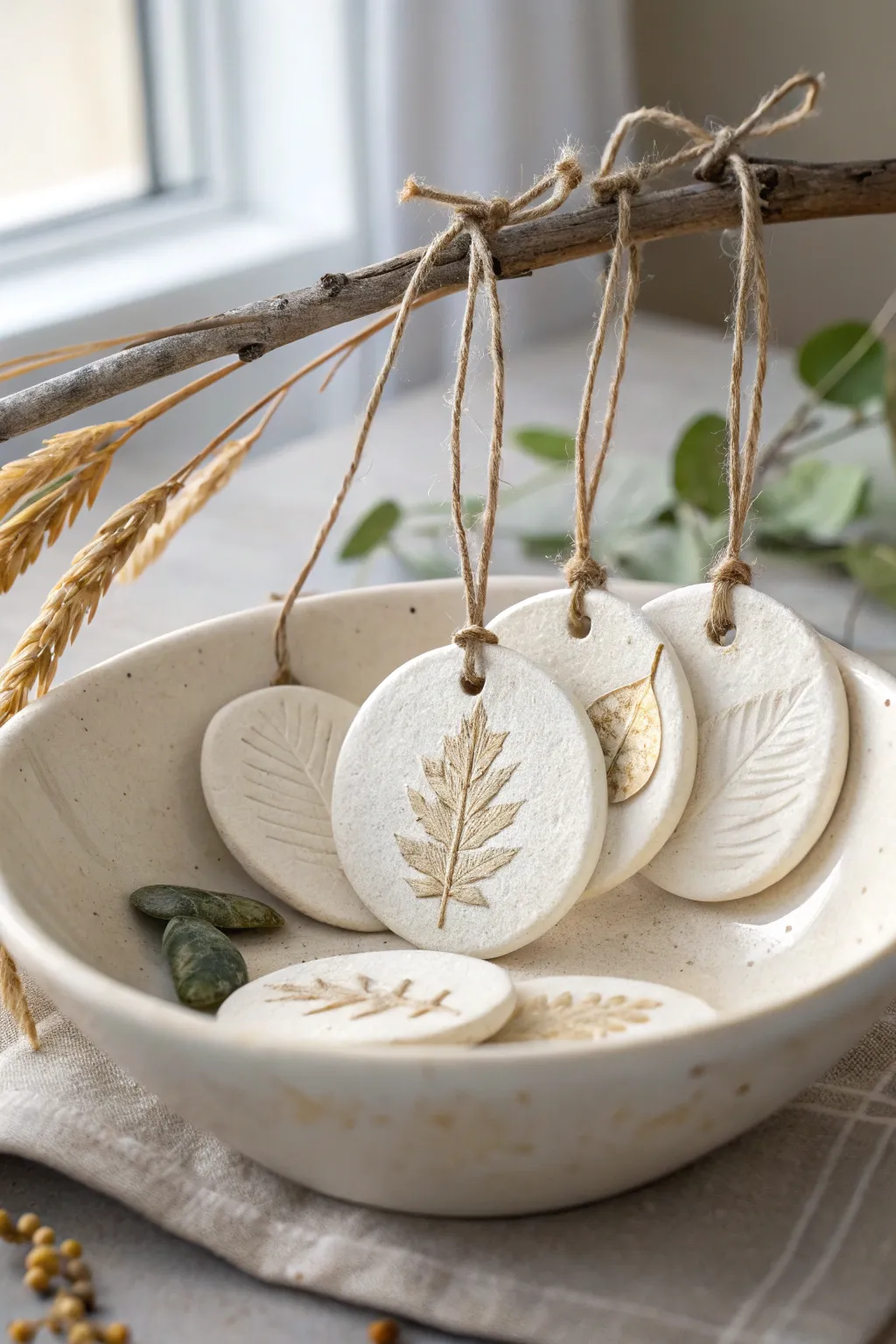 Leaf-imprinted air-dry clay ornaments bring cozy Thanksgiving charm with a simple Nordic feel.