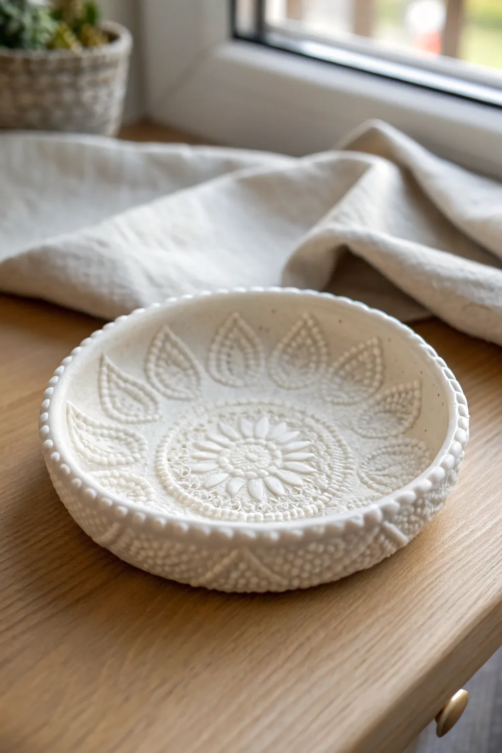 Soft white lace-textured air dry clay trinket dish with minimalist, boho warmth and crisp contrast.