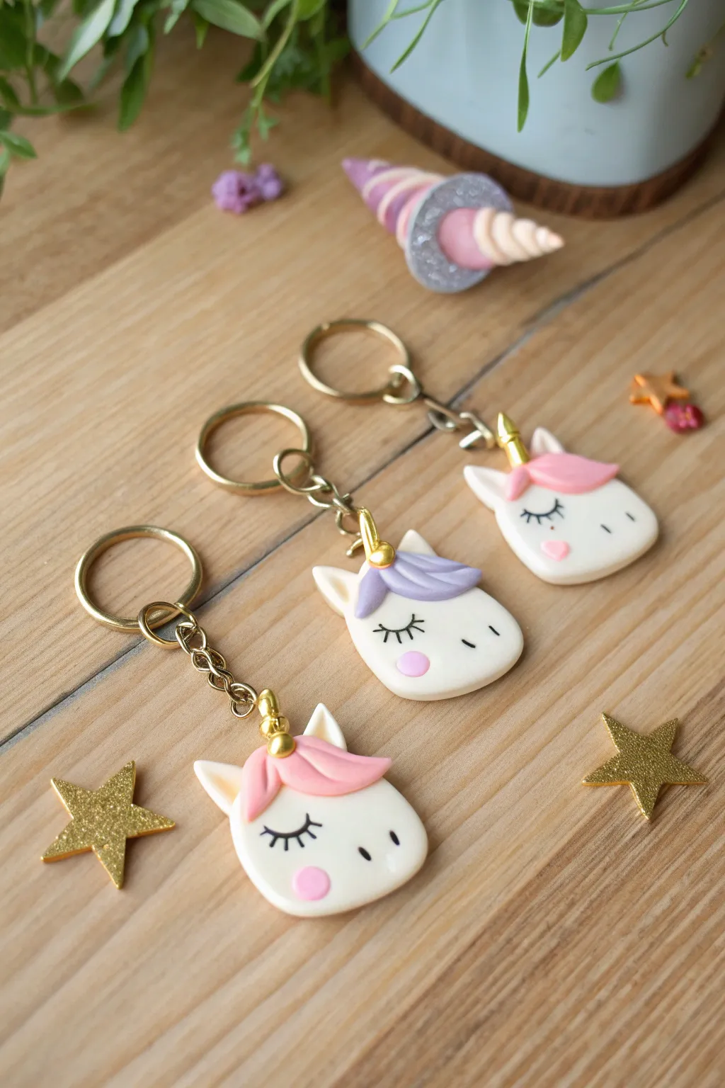 Air dry clay unicorn keychain charms in soft pastels with tiny gold horns, minimal and cute