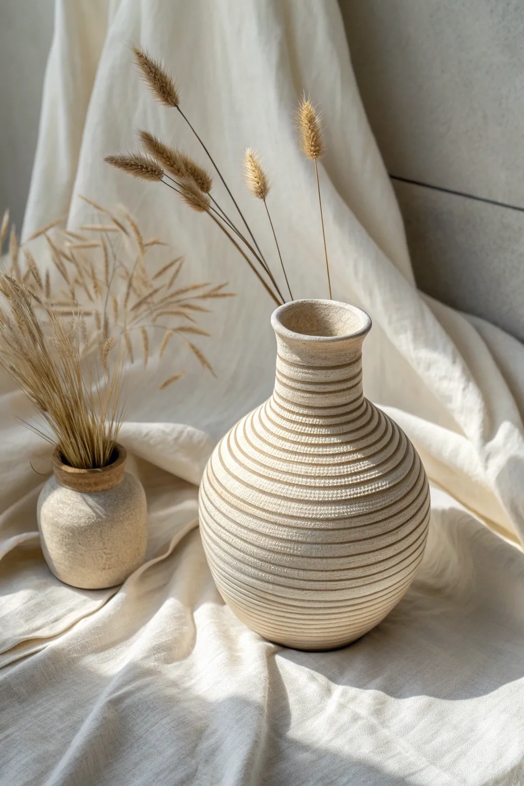 Matte ribbed air dry clay vase with banding texture, styled with bunny-tail grass on linen.