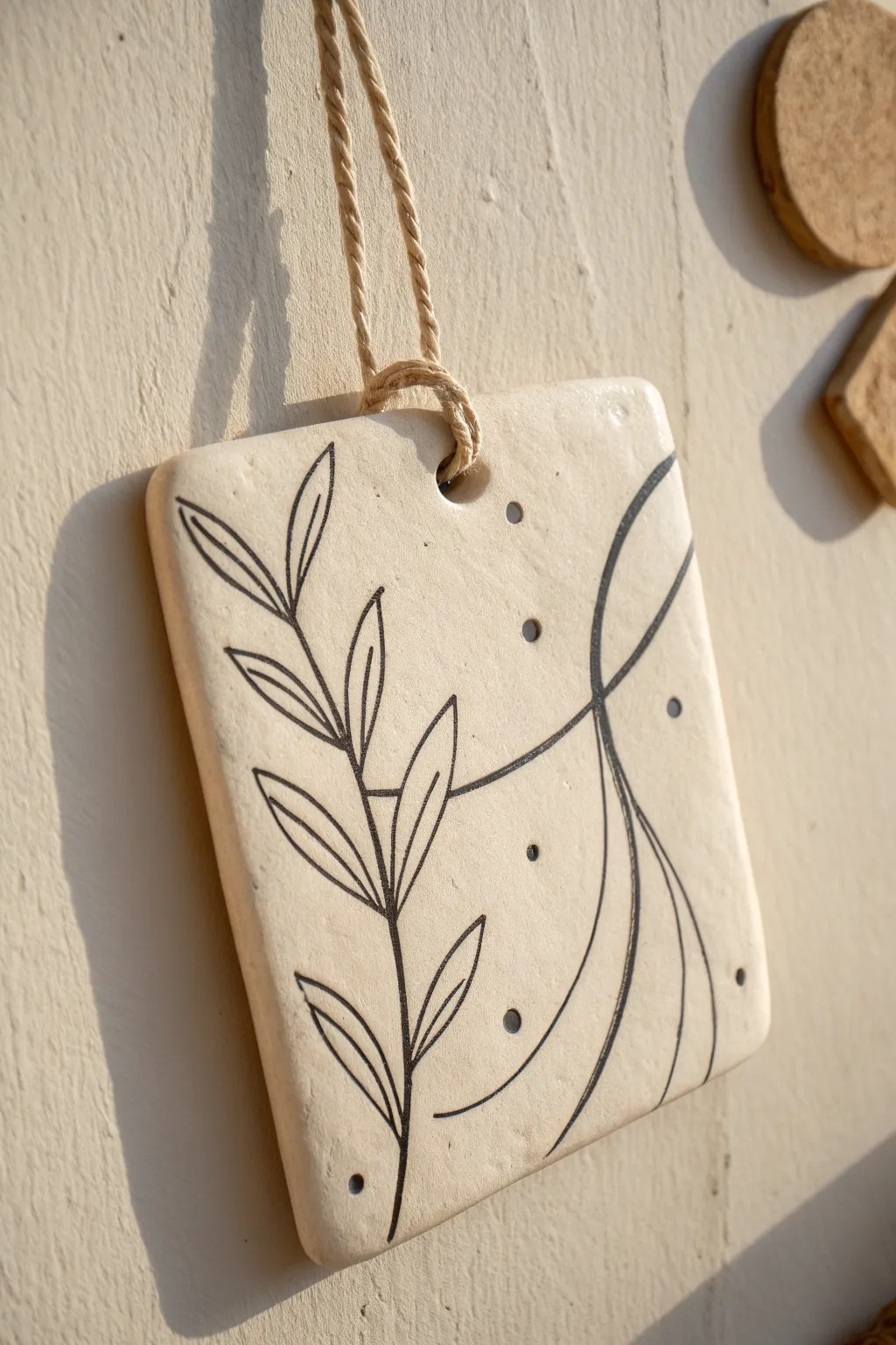 Minimal air dry clay wall panel with abstract line art, a simple boho Scandinavian touch