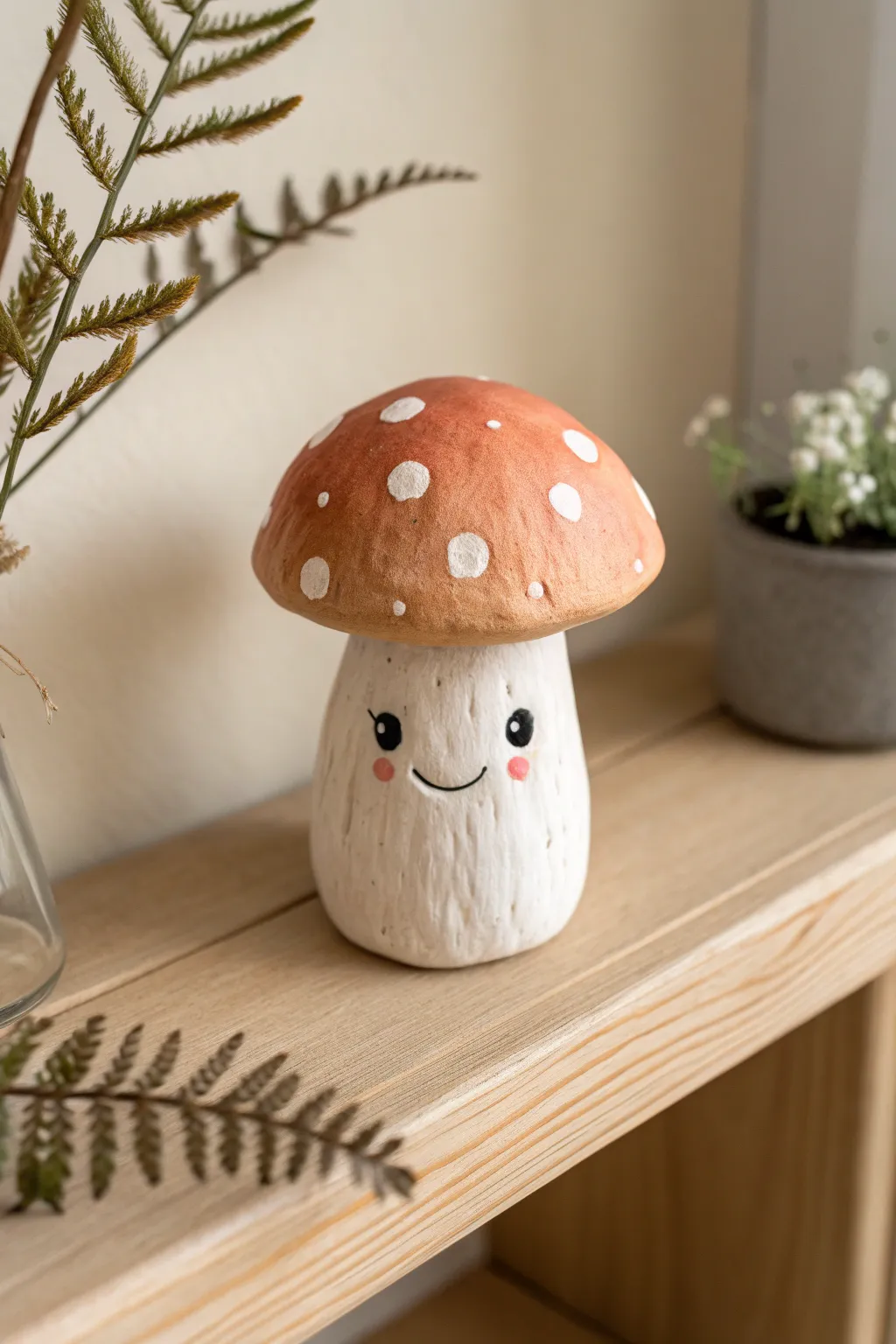 Cozy mushroom buddy decor made with air-dry clay, a simple cute accent for any shelf