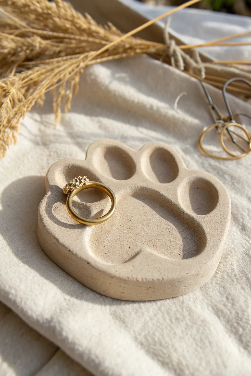Cute bear paw air dry clay ring holder in soft neutrals, minimalist and practical for daily rings.