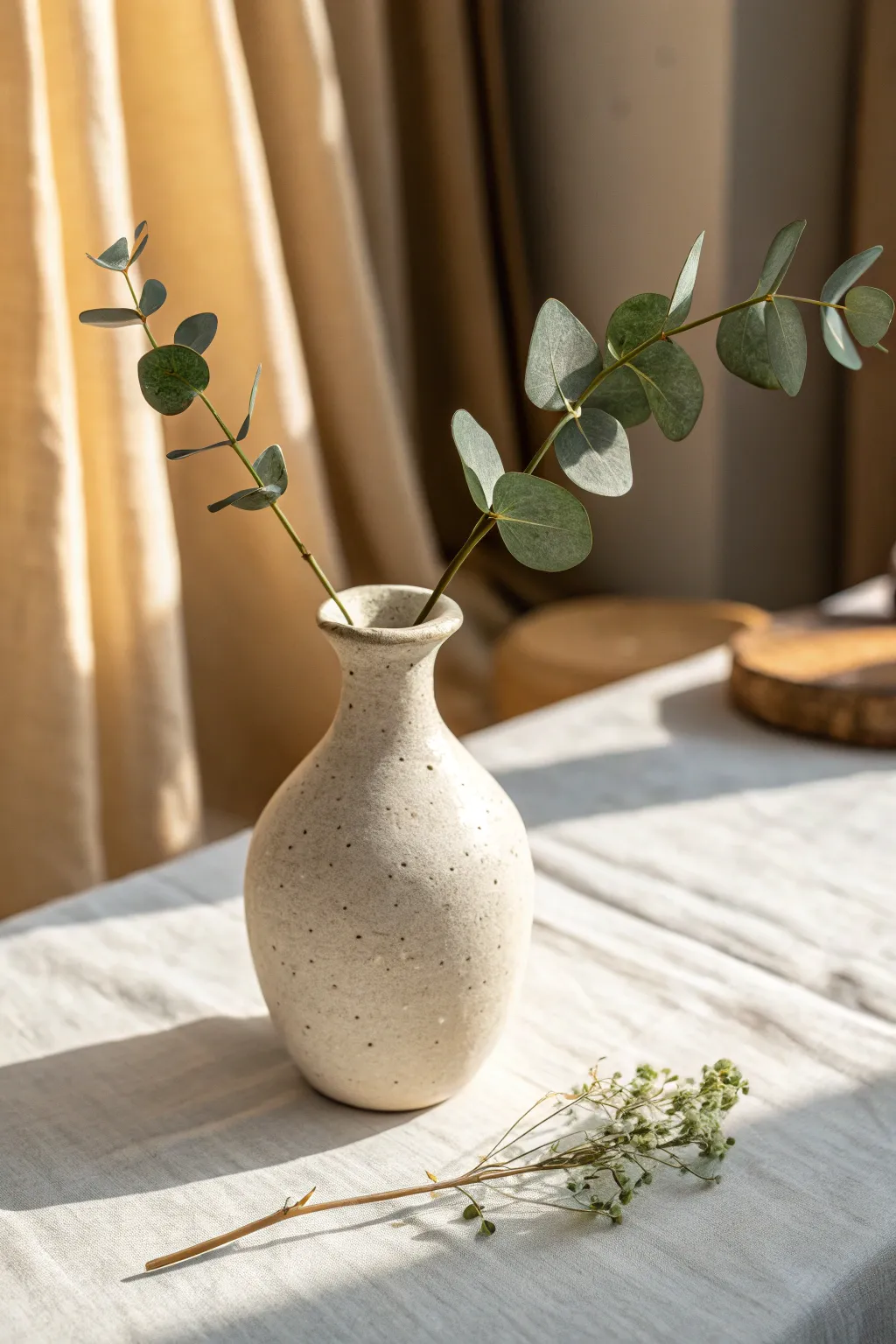 Mini air-hardening clay bud vase, simple and serene, perfect for a single stem on a bright table.