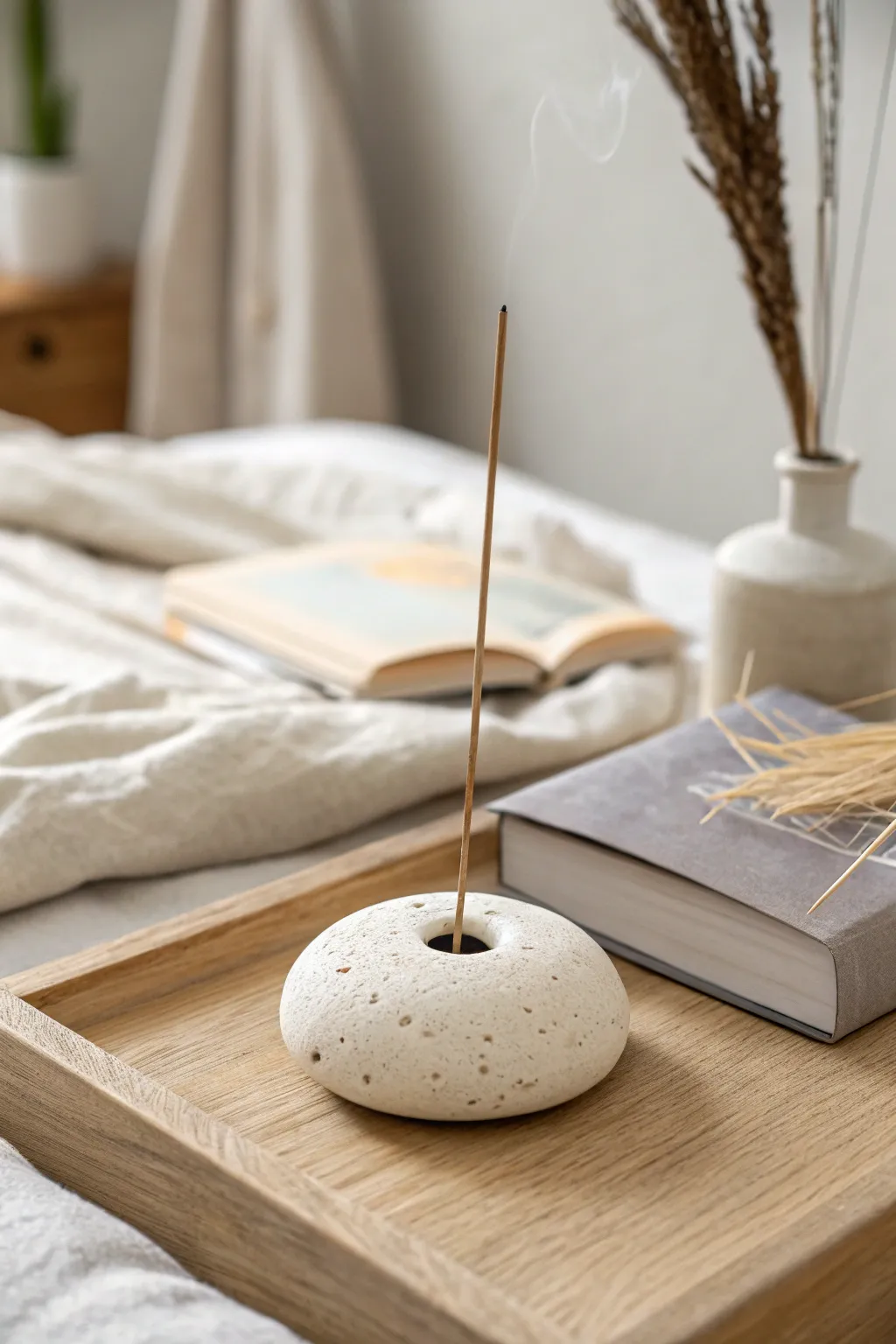 Minimal air-dry clay incense holder styling for a calm, Scandinavian bedside vibe