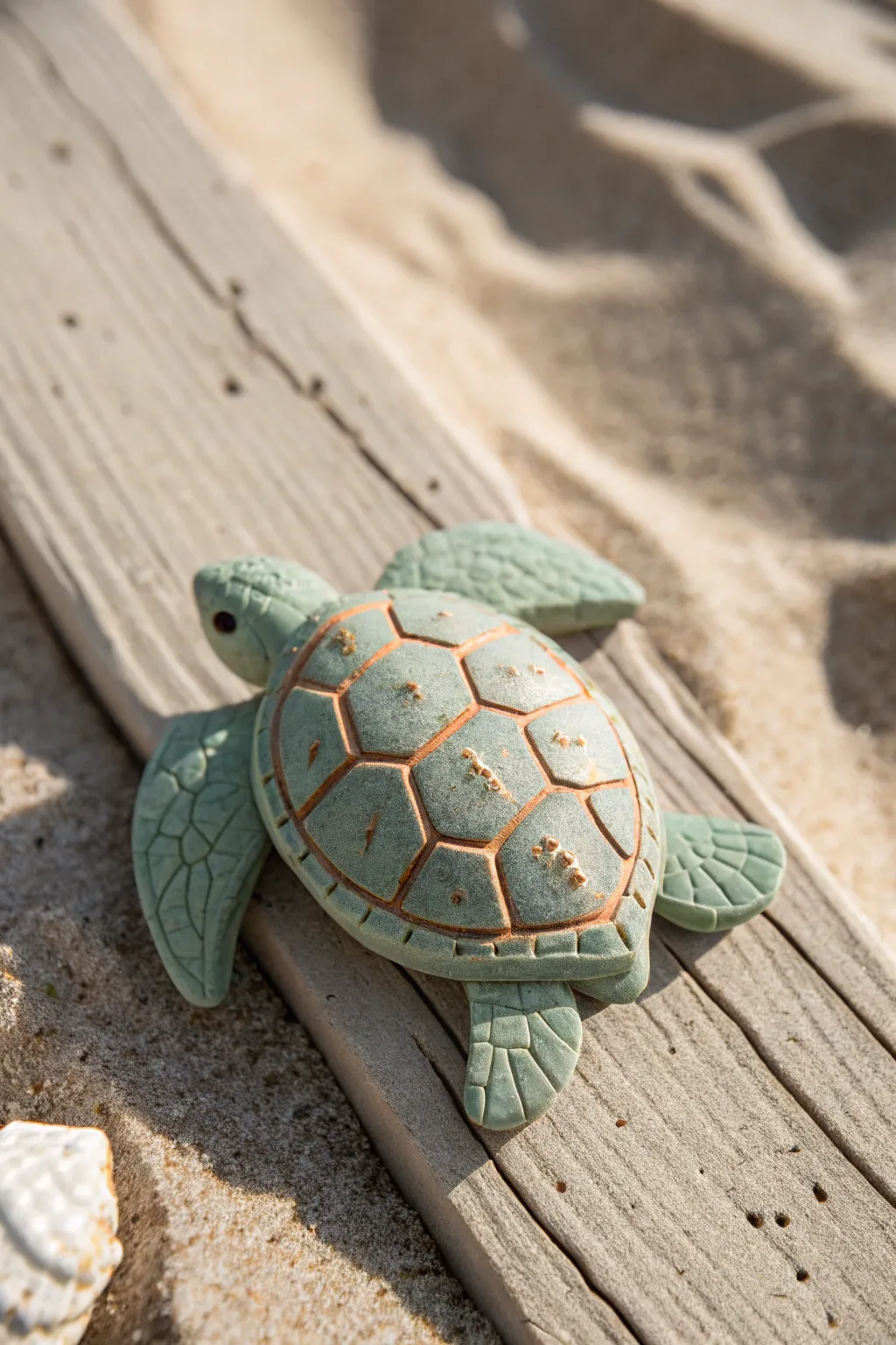 Mini clay sea turtle with a simple patterned shell on a calm sandy backdrop