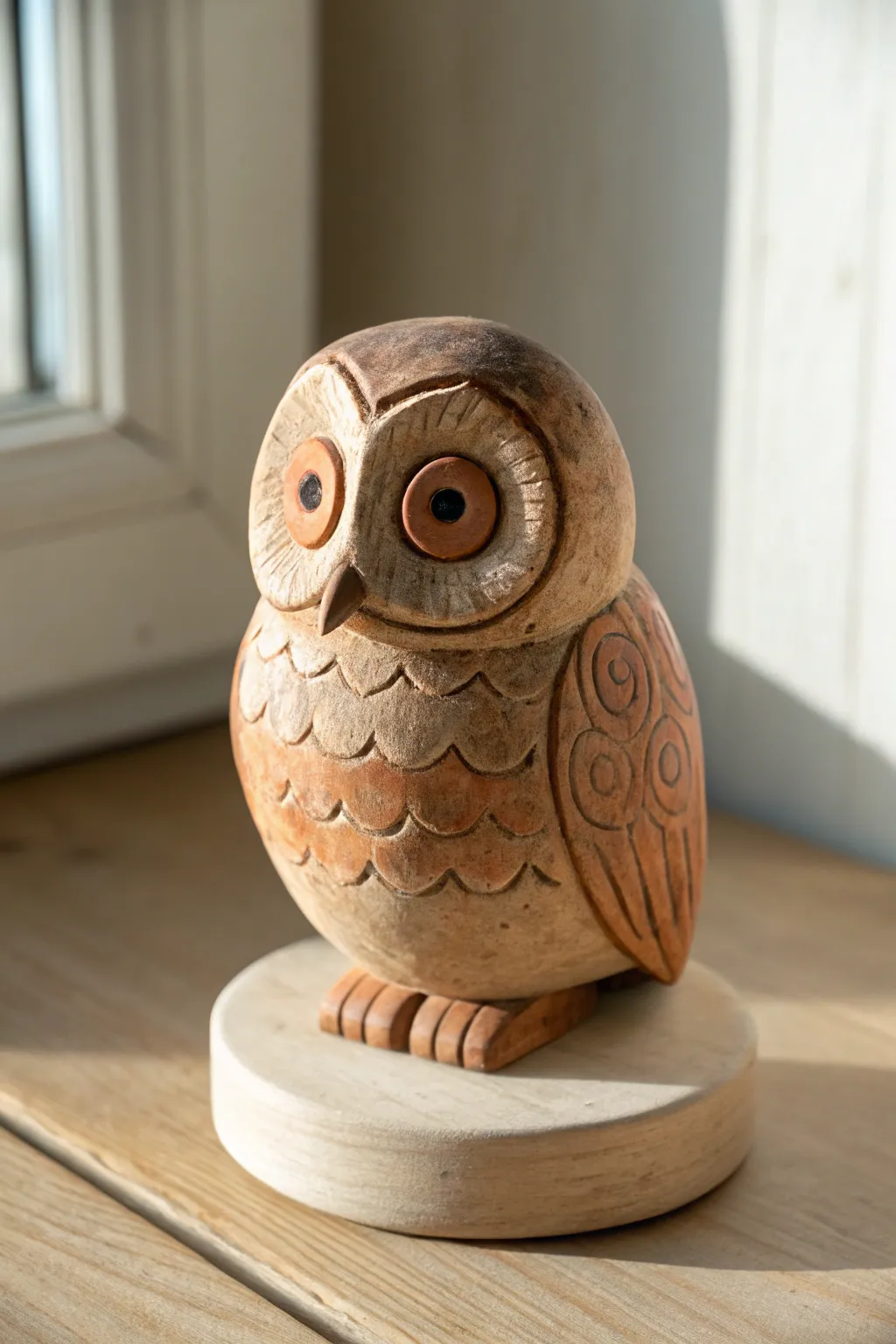 Cute round clay owl with big eyes, easy DIY sculpt in earthy tones, minimalist boho vibe.