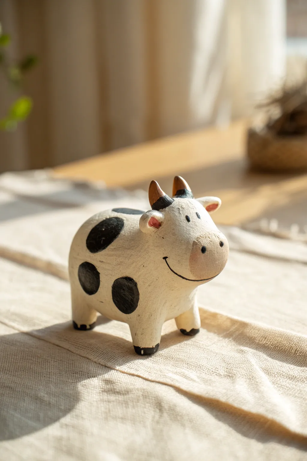 Mini clay cow with spot patches, sweet and simple, perfect for cute beginner pottery ideas