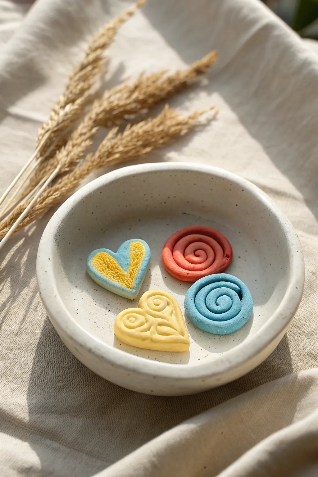 Colorful coil snails and puffy hearts on a minimalist dish, perfect easy air-dry clay for kids.