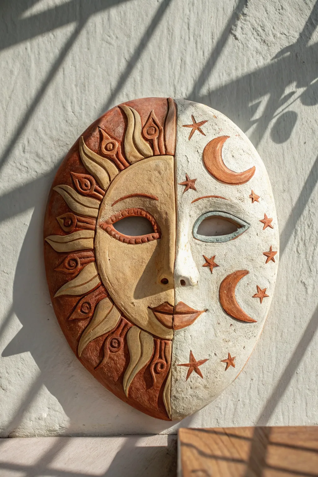 Sun and Moon split clay mask with warm and cool tones, minimalist boho wall art inspiration