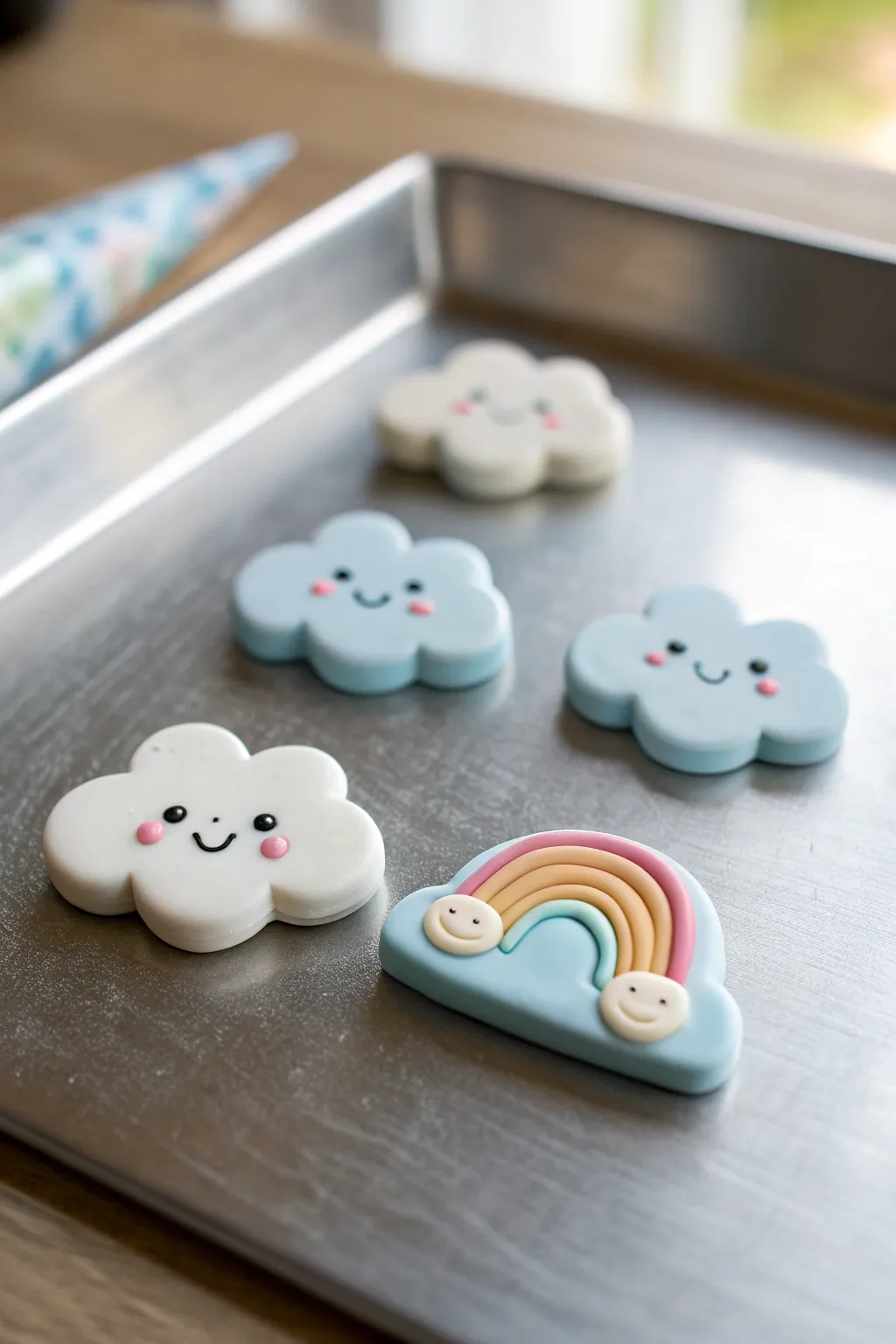 Minimal kawaii cloud magnets in soft white and pale blue with a tiny pastel rainbow detail.