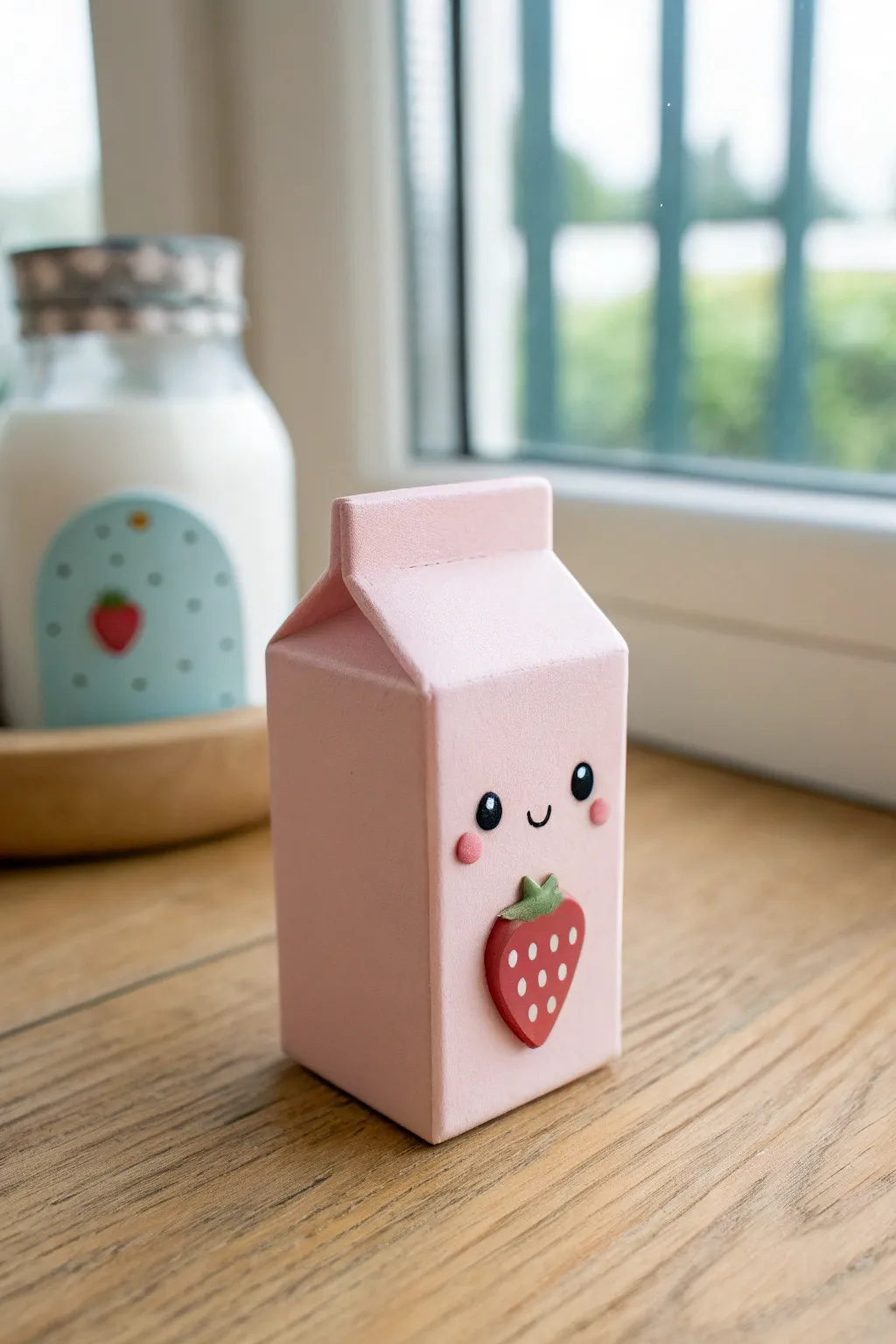Pastel strawberry milk clay carton with a sweet face, minimalist boho decor vibes.