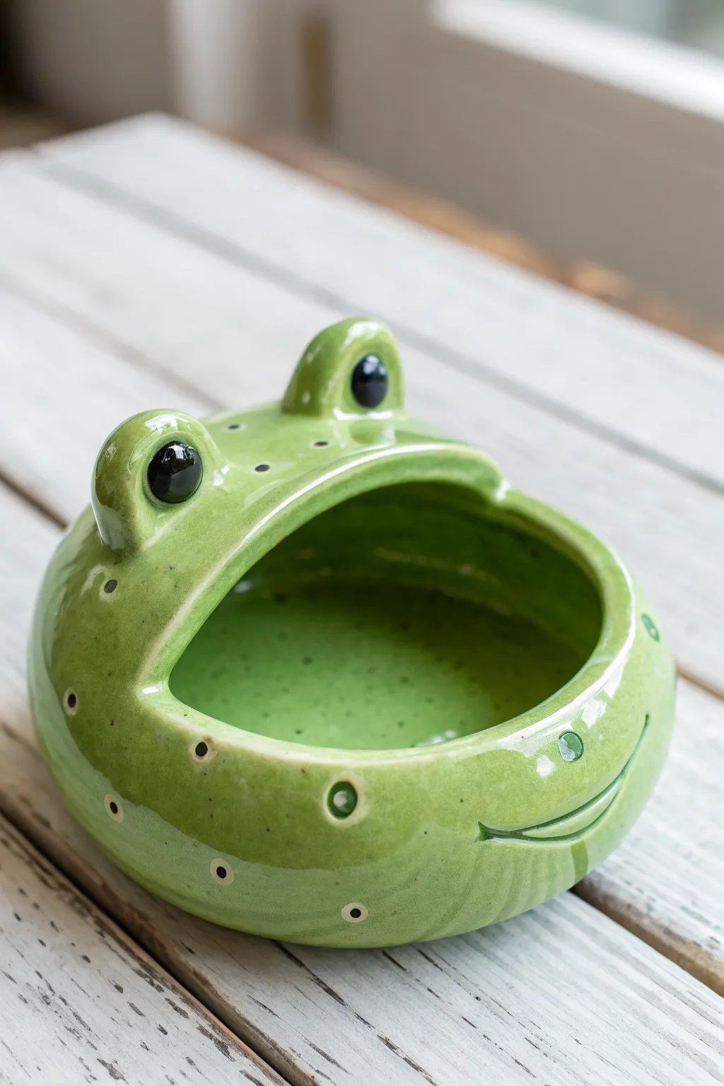 Chunky bright green frog mouth ash tray, a playful handmade accent for your clay shelf.
