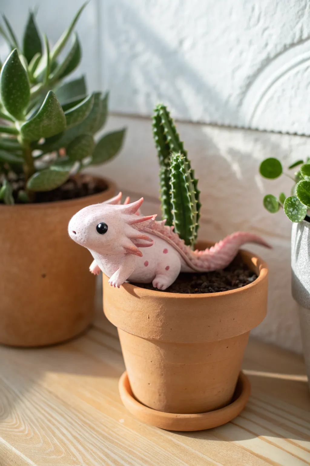 Adorable axolotl clay pot hugger adds a playful handmade touch to your terracotta planter.