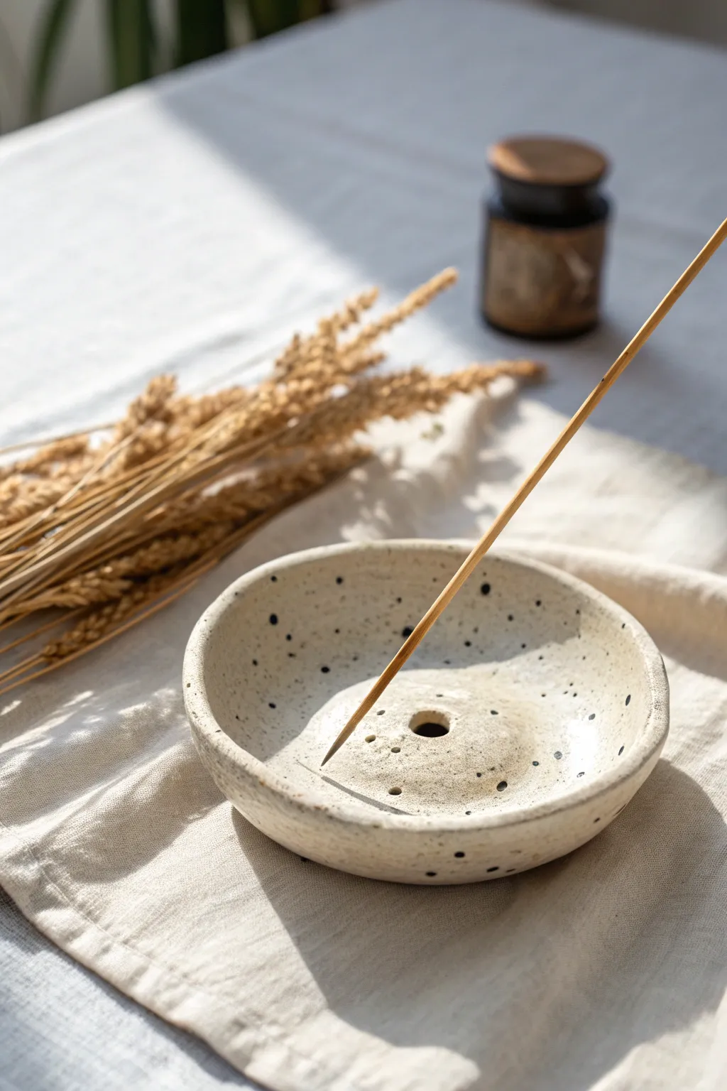 Minimal speckled clay incense holder dish with boho calm, perfect bakeable clay DIY inspiration.