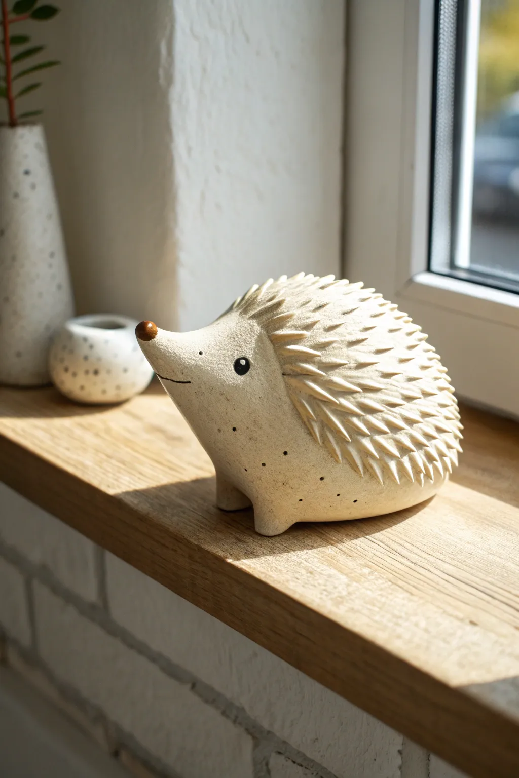 Teardrop clay hedgehog buddy with simple spike texture, styled on a cozy minimalist shelf.