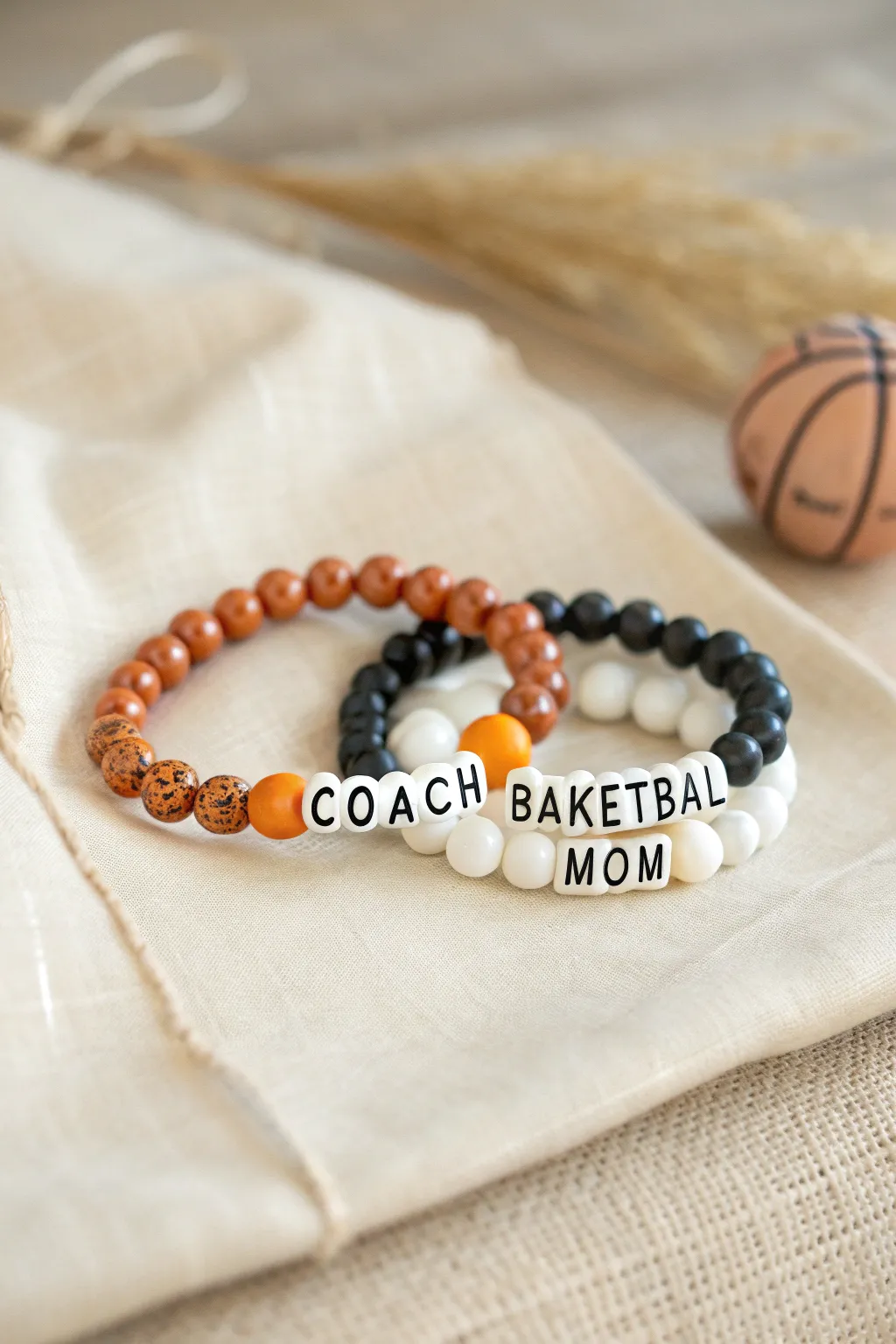 Gift-ready clay bead bracelets for coach or basketball mom in bold team colors and clean spacers