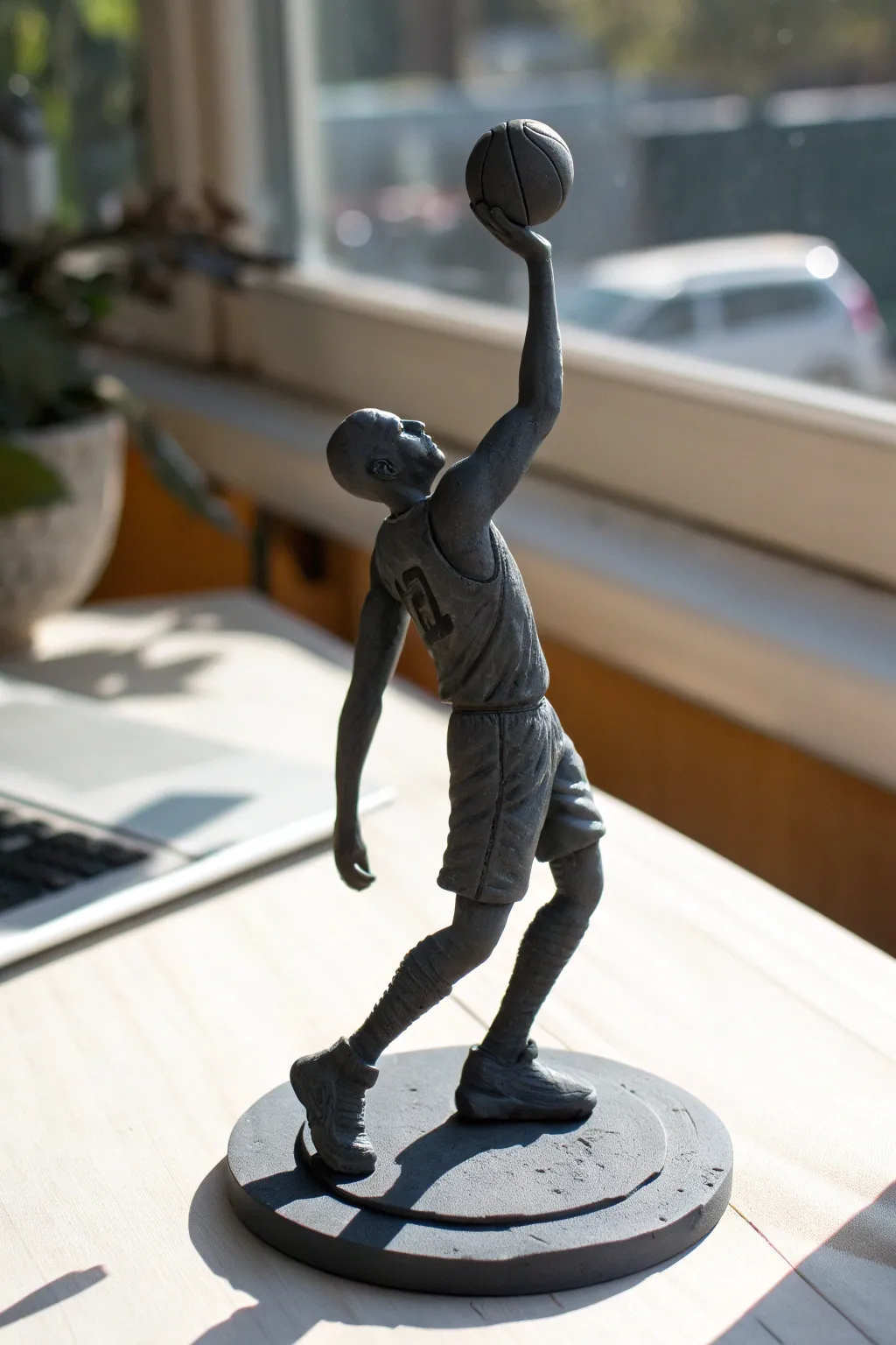 Minimal one-tone clay dunk silhouette with tiny hoop and ball, cute handmade basketball decor