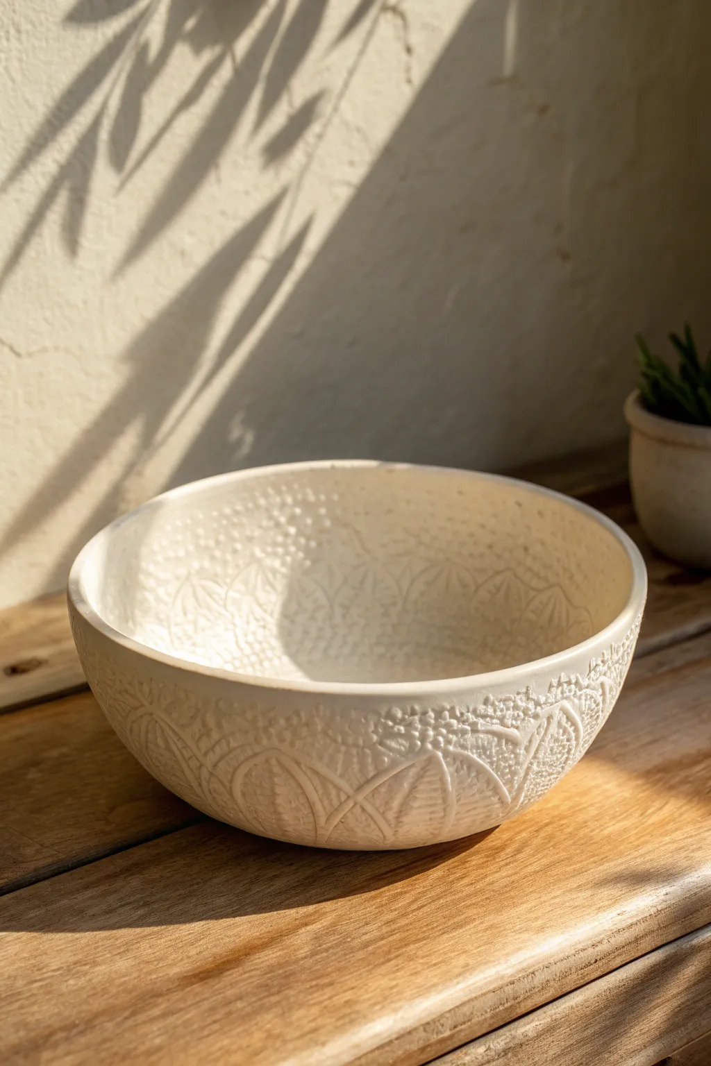 Simple matte clay bowl with lace-pressed texture, softly lit to highlight delicate pattern.