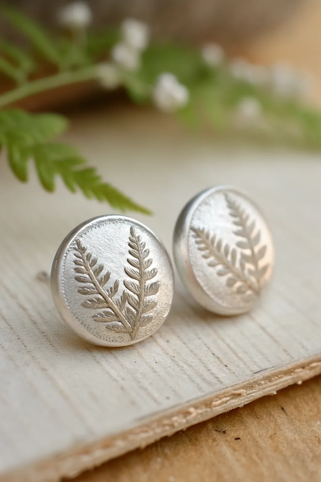Botanical silver clay studs with delicate fern texture, minimalist and handmade for beginners.