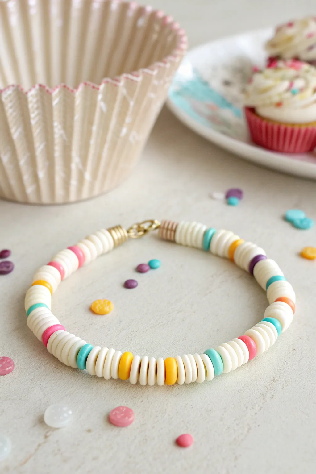 Cream heishi bracelet with colorful sprinkle accents, a minimalist birthday look that feels handmade and sweet.