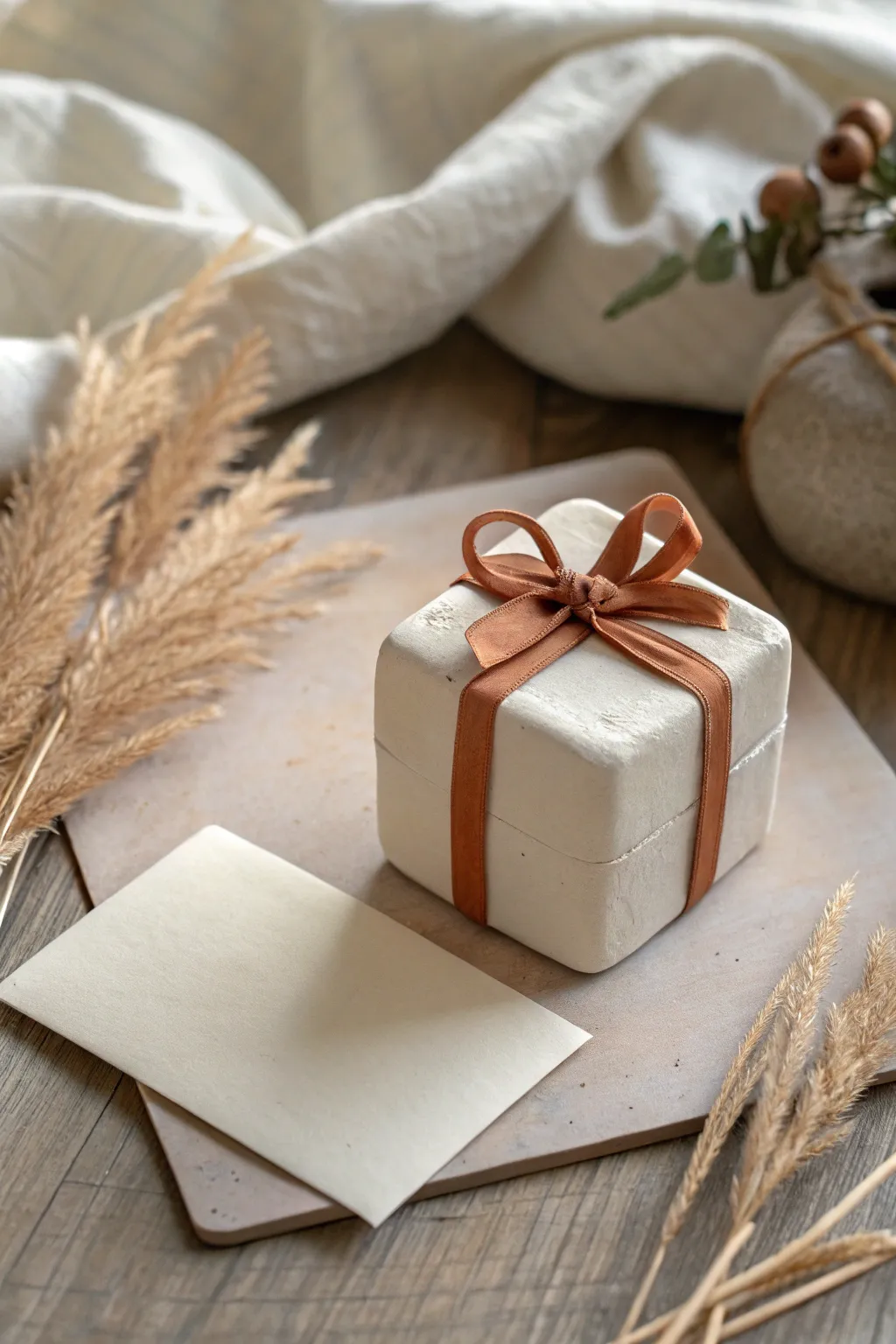 Tiny clay present box gift tag with ribbon detail, perfect minimalist birthday packaging