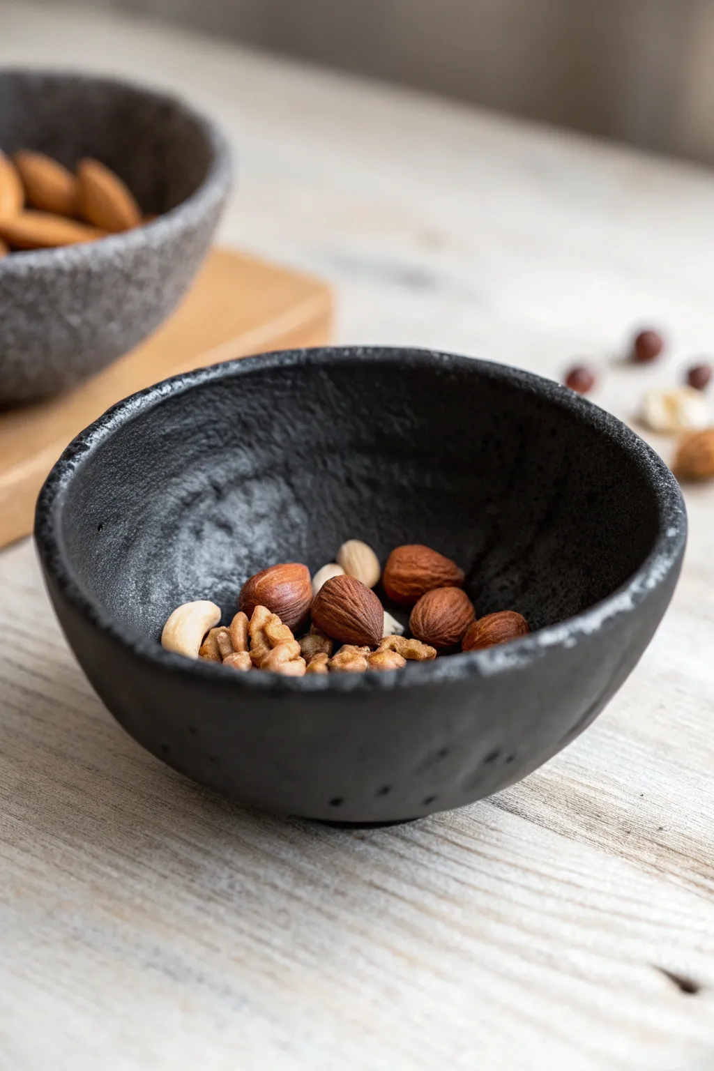 Matte black textured snack bowl makes every shadow pop, perfect for simple boho table styling.