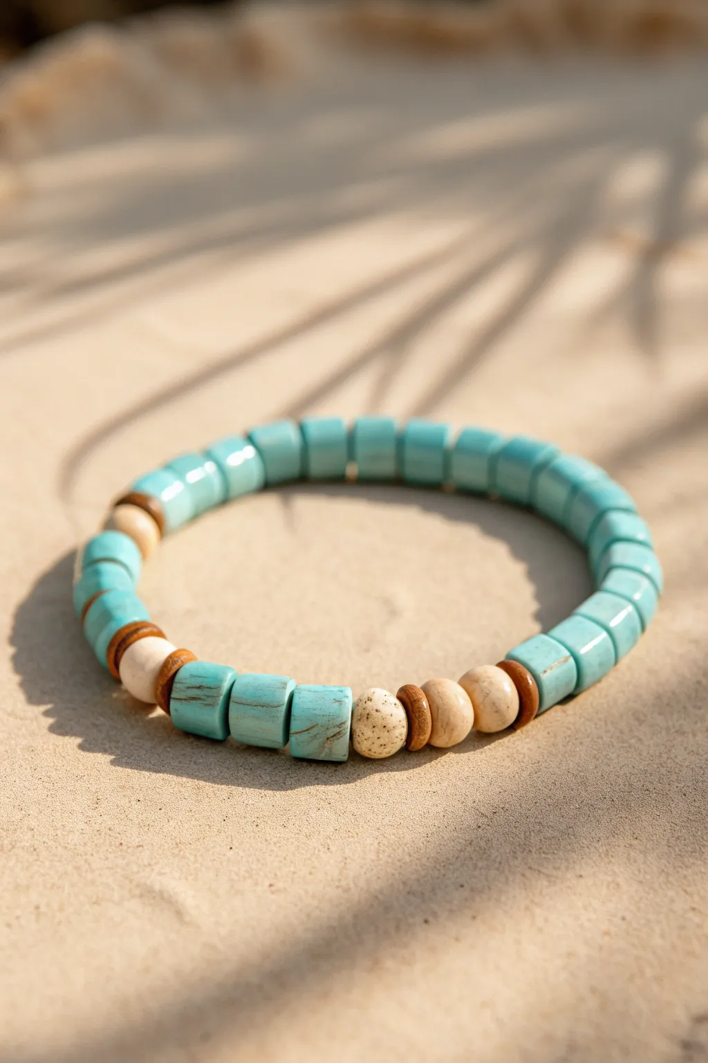 Turquoise clay bracelet with creamy neutral breaks, simple Scandinavian boho vibe.