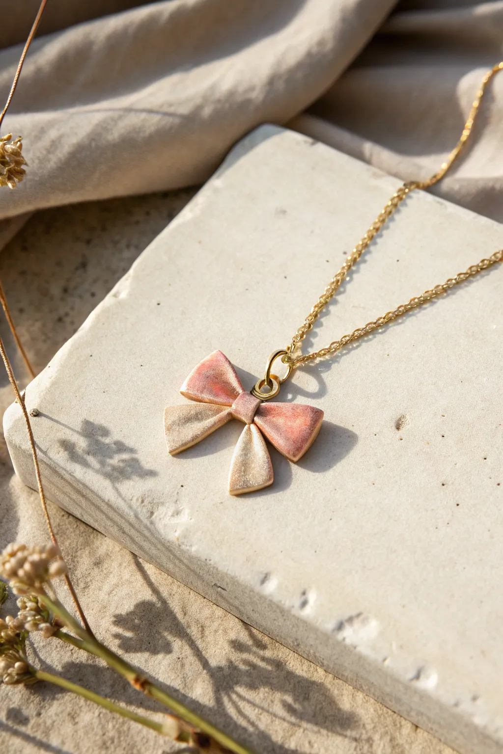 Minimal satin-gloss clay bow pendant on a simple chain, soft neutrals and calm boho vibes