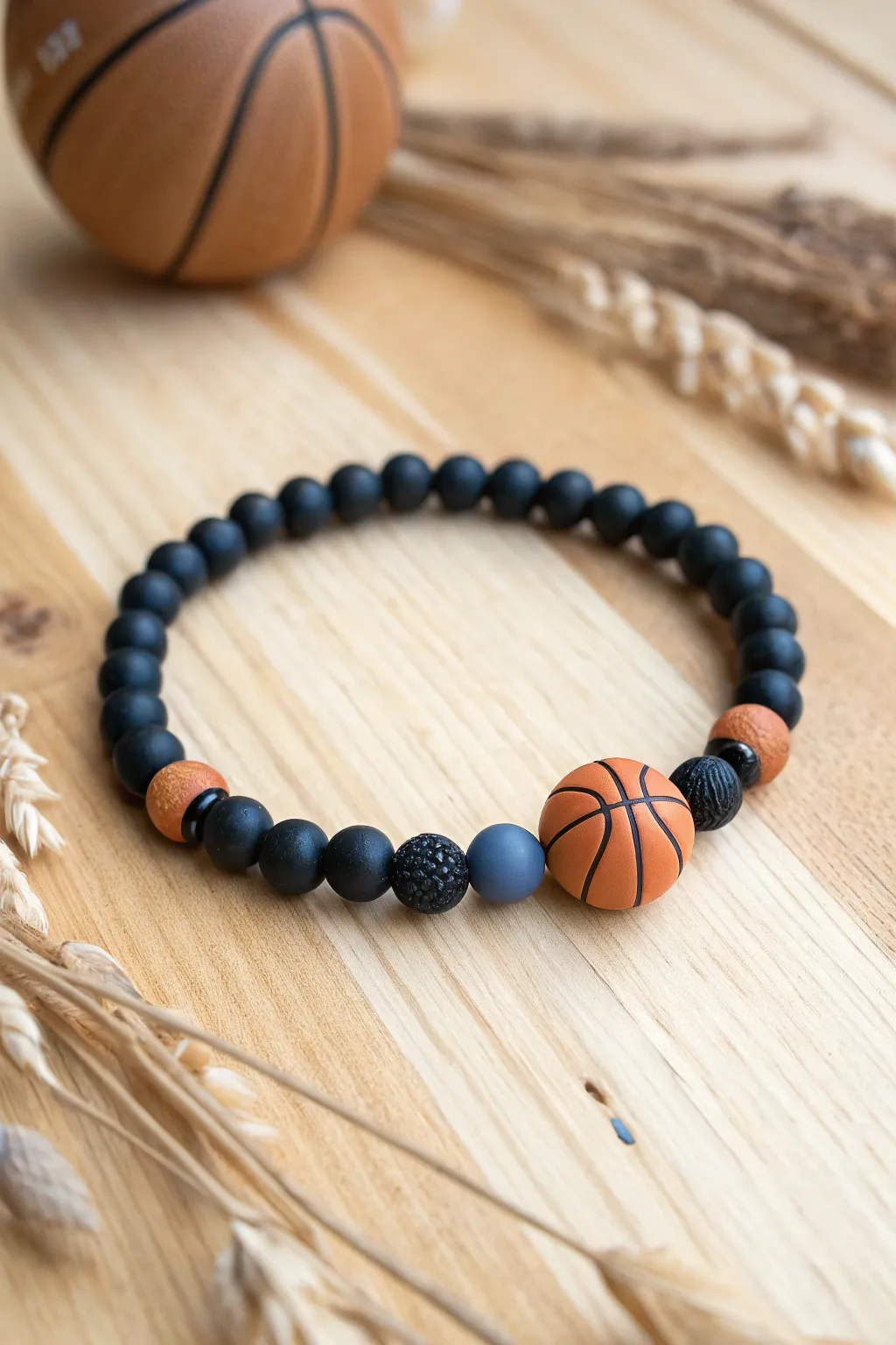 Bold black and navy clay discs with a tiny basketball bead centerpiece for sporty style.