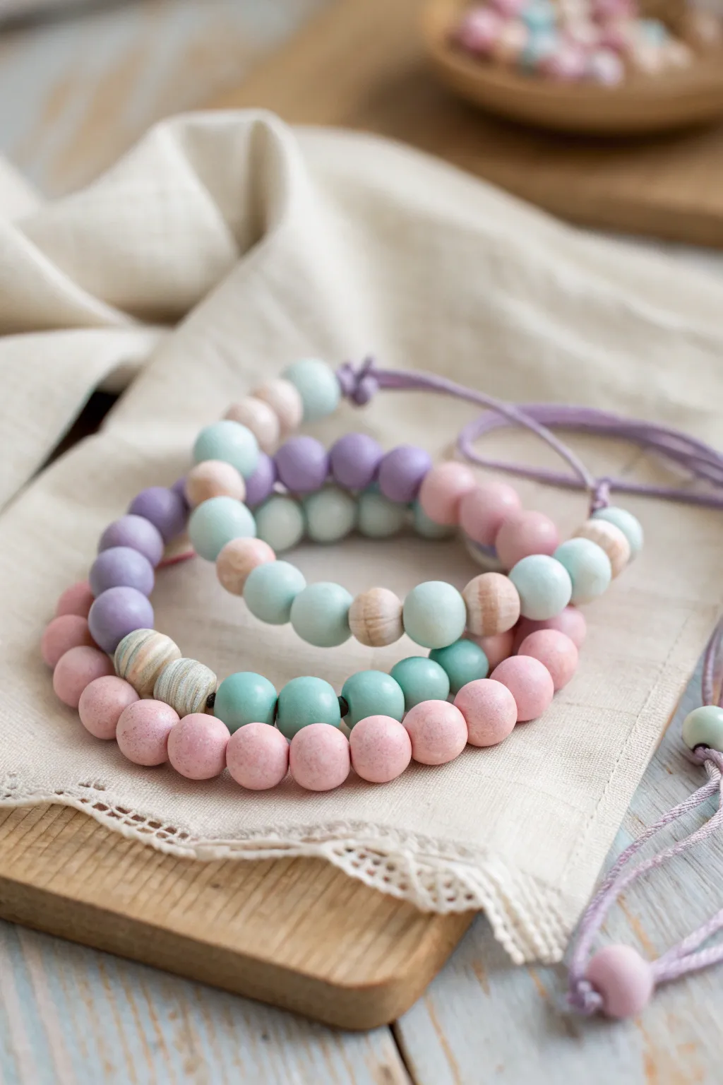 Pastel candy clay bead stack set in lavender, mint, and blush for effortless everyday styling.