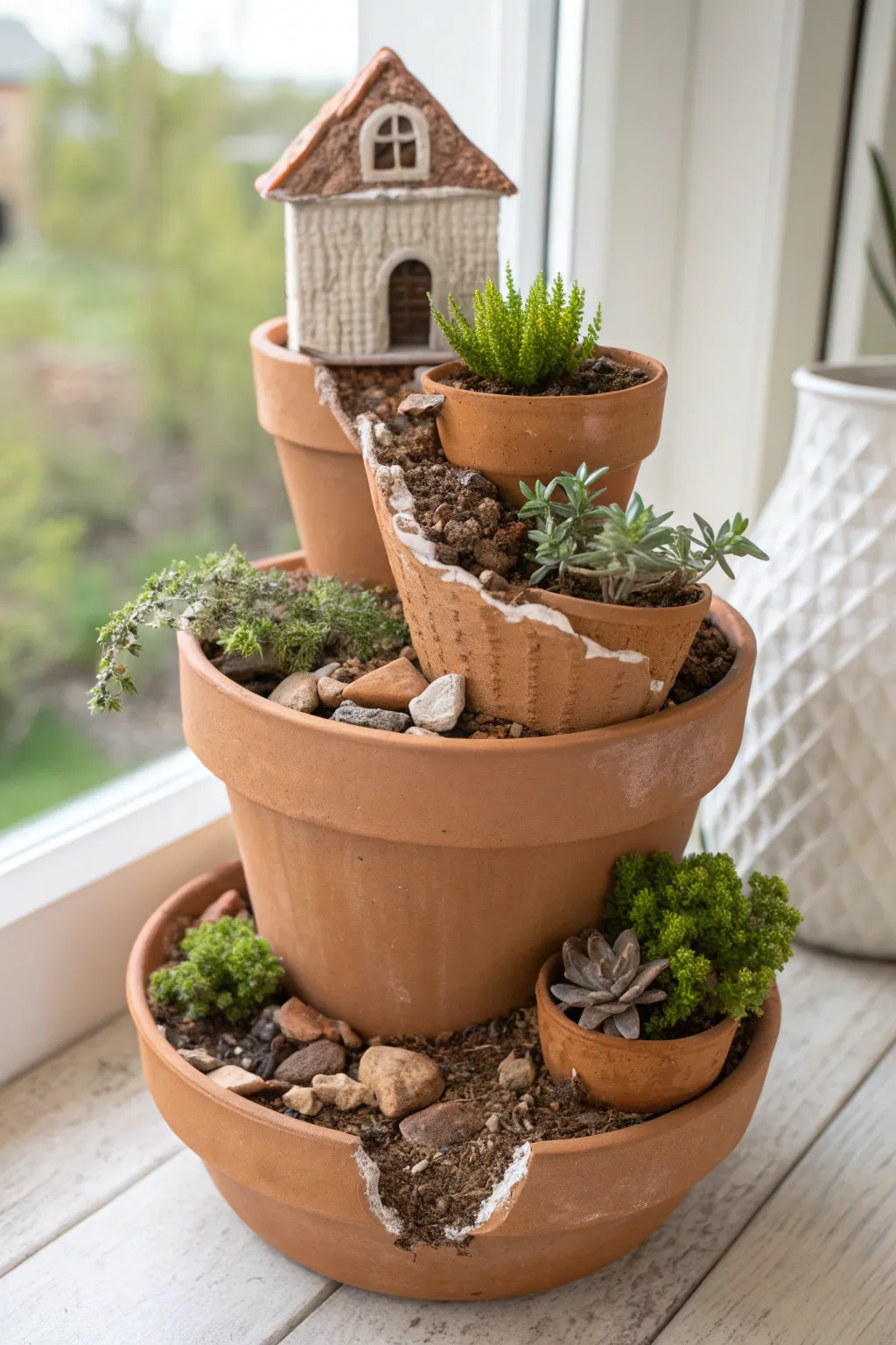 Tiny house atop a broken pot terrace, with simple mini plants and rustic clay texture