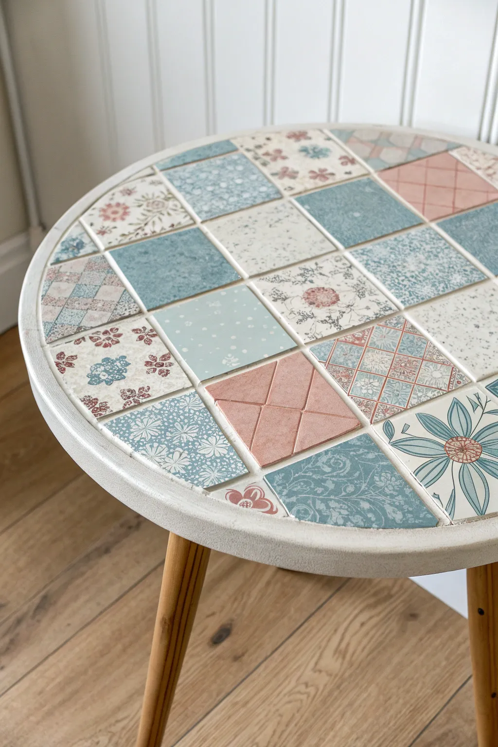 Patchwork mosaic side table from broken plates, simple grout lines and a soft boho vibe.