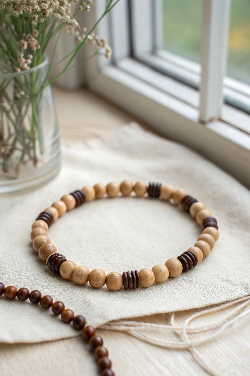 Morse-inspired clay bead bracelet in two brown tones, simple heishi design with dot and dash accents