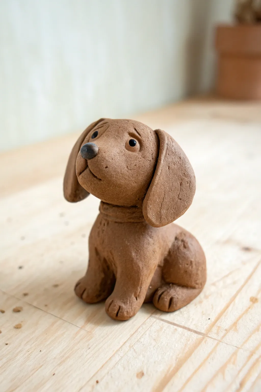 Sweet brown clay puppy figurine with minimalist details for cozy Scandinavian-boho decor.