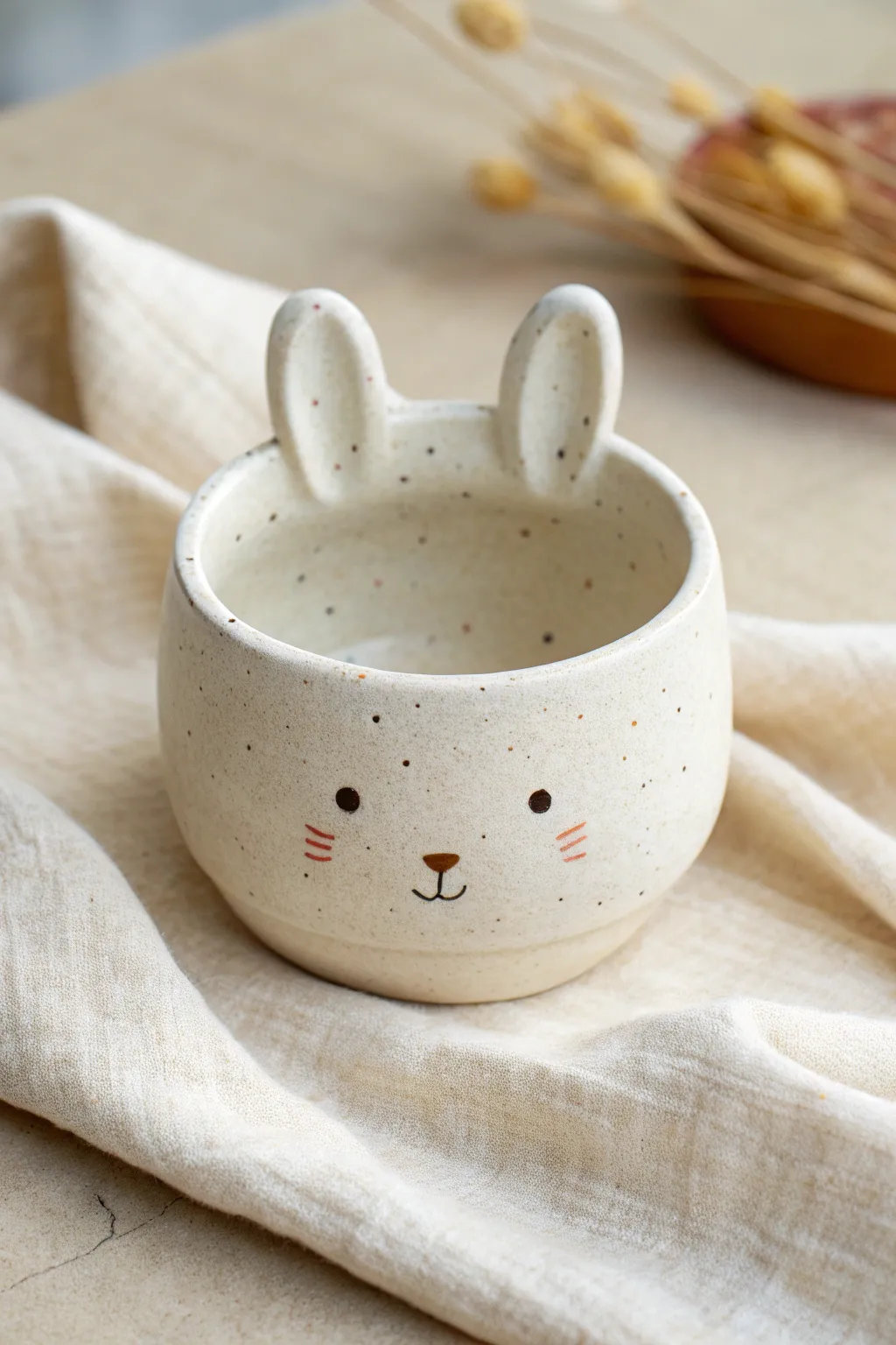 Sweet bunny pinch pot cup with tiny ears, a simple face, and cozy handmade charm.