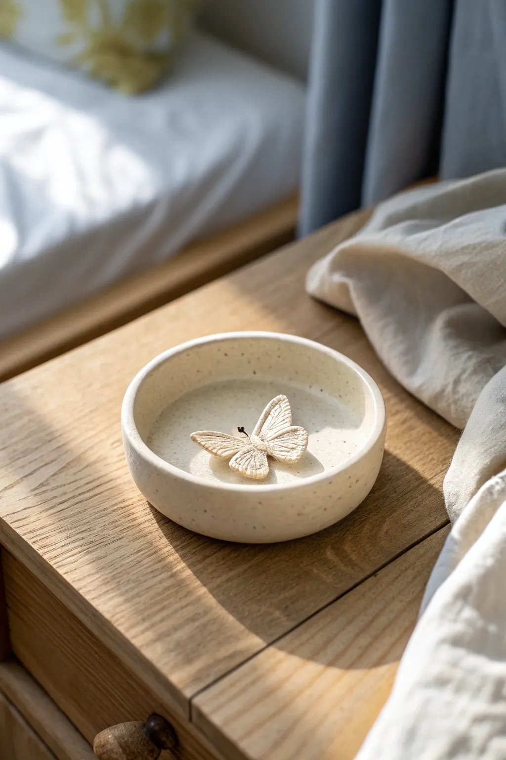 Minimal clay ring dish with a raised butterfly centerpiece, soft neutral tones and crisp contrast