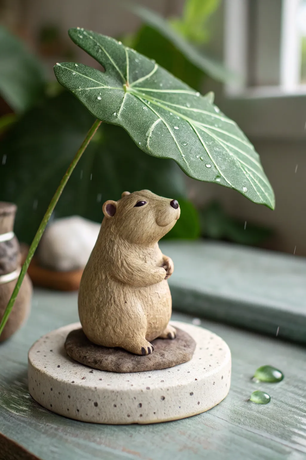 Minimalist capybara clay charm under a leafy umbrella, with soft raindrops and cozy natural tones