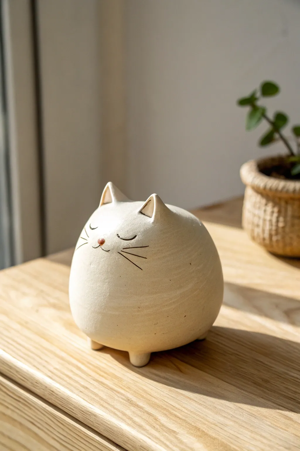 Minimal cat pinch pot with a wrapped tail coil base, calm face, and cozy Scandinavian charm